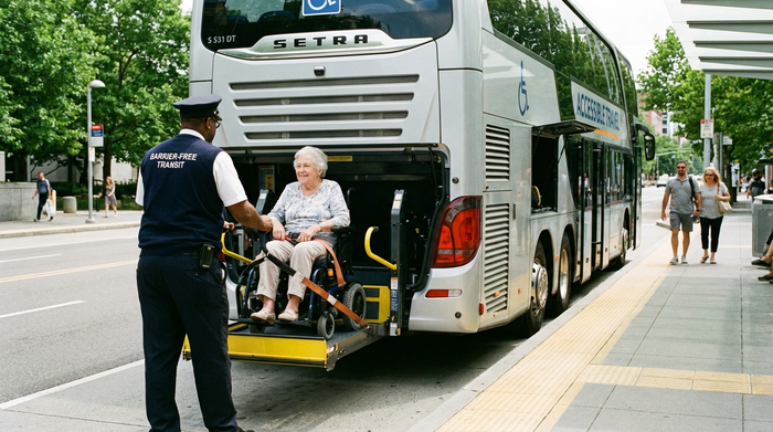 Ein professioneller Fahrer bedient die hydraulische Hebebühne am Heck eines modernen Transportbusses. Eine ältere Dame sitzt entspannt in ihrem Rollstuhl auf der Plattform, bereit für das sichere Einladen. Klares Tageslicht, sichere Umgebung.