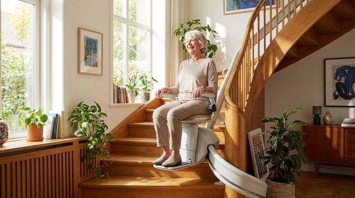 Eine ältere Frau fährt mühelos mit einem modernen Treppenlift eine geschwungene Holztreppe in einem hellen Einfamilienhaus hinab. Zufriedener Gesichtsausdruck, helles Licht, sicheres und selbstständiges Wohnen im Alter.