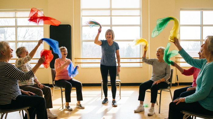 Eine Gruppe von Senioren macht leichte Sitzgymnastik mit bunten Tüchern in einem hellen Gymnastikraum. Eine motivierende Betreuungskraft macht die Übungen vor. Dynamische, fröhliche Szene, fotorealistisch, ohne Text.