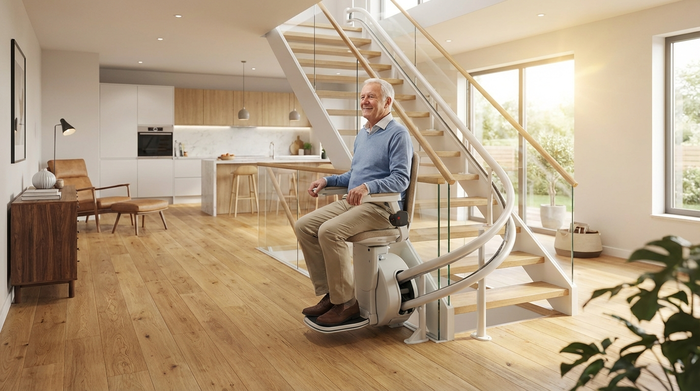 Ein moderner Treppenlift in einem hellen, aufgeräumten Einfamilienhaus. Ein zufriedener Senior fährt sicher die Treppe hinauf. Hochwertiges Interieur, fotorealistisch, sicheres Wohnumfeld, ohne Text.