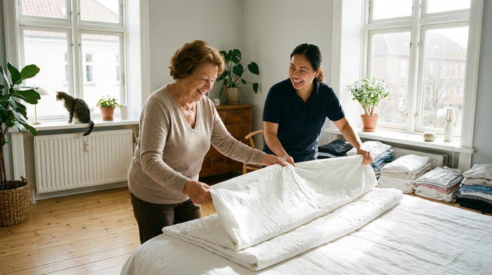 Eine ältere Frau und eine jüngere Haushaltshilfe falten gemeinsam frische, weiße Wäsche in einem aufgeräumten, lichtdurchfluteten Schlafzimmer. Harmonische und unterstützende Stimmung.