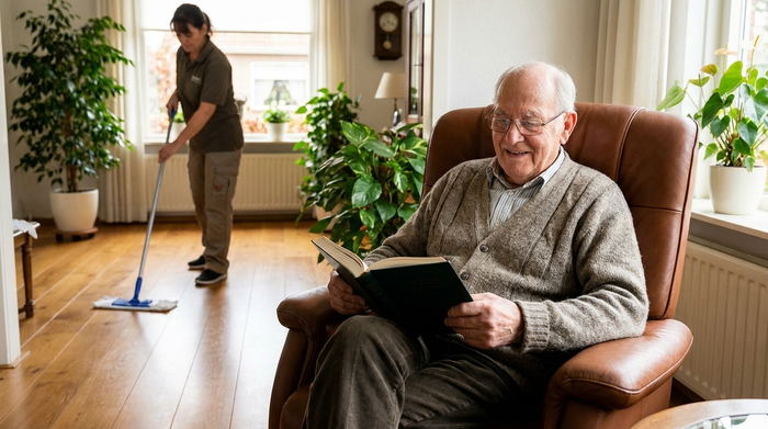 Ein älterer Herr sitzt entspannt in seinem Sessel und liest ein Buch, während im Hintergrund eine Reinigungskraft unauffällig den Holzboden wischt. Sauberes, ordentliches Wohnzimmer mit grünen Zimmerpflanzen.