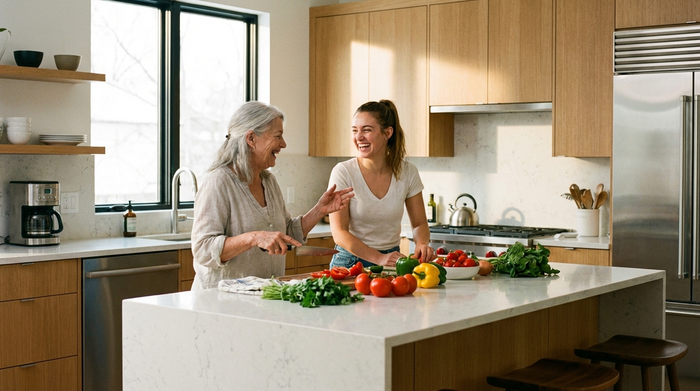 Zwei Frauen, eine älter und eine jünger, unterhalten sich fröhlich beim gemeinsamen Kochen in einer modernen, sauberen Küche. Frisches Gemüse liegt auf der Arbeitsplatte bereit.