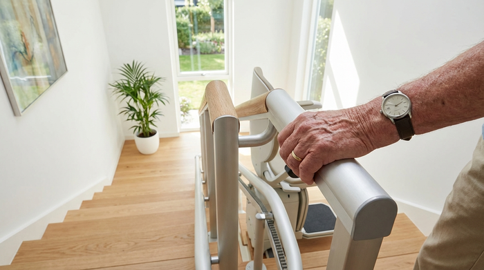 Eine Nahaufnahme einer älteren Hand, die sicher den Handlauf eines modernen Treppenlifts in einem hellen, gepflegten Treppenhaus greift. Sichere und barrierefreie Umgebung.