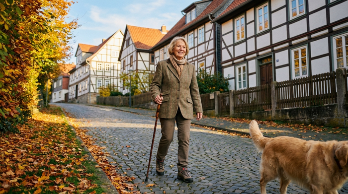 Eine rüstige ältere Dame spaziert an einem sonnigen Herbsttag mit einem Gehstock eine leicht ansteigende, gepflasterte Straße in einem ruhigen Wohngebiet hinauf. Gepflegte Fachwerkhäuser im Hintergrund.