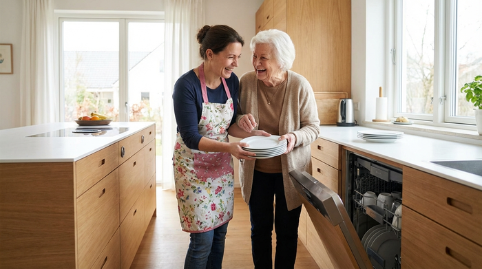Eine engagierte Alltagsbegleiterin räumt zusammen mit einer lächelnden Seniorin helle Teller in eine moderne Spülmaschine ein. Beide wirken fröhlich und vertraut in einer sauberen Küche.