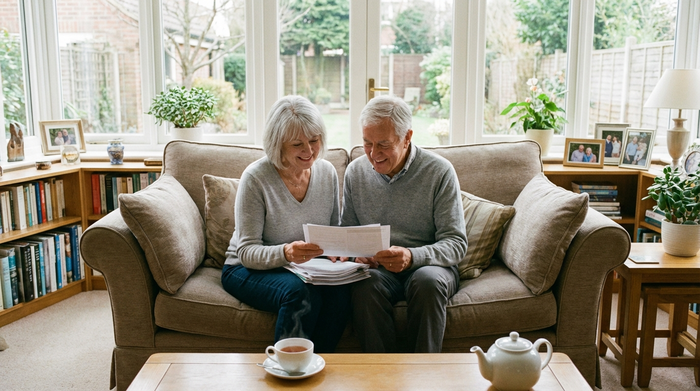 Ein älteres Ehepaar sitzt entspannt auf einem bequemen Sofa und schaut sich gemeinsam Dokumente an. Eine Tasse Tee steht auf dem Couchtisch, das Wohnzimmer ist ordentlich und hell.