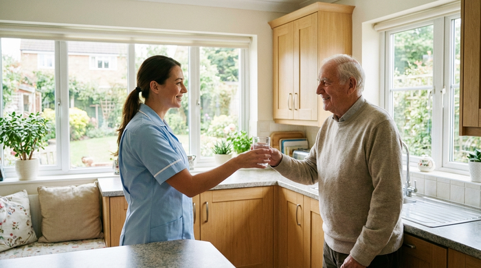 Eine aufmerksame Betreuungskraft reicht einem älteren Herrn liebevoll ein Glas Wasser in einer gepflegten, hellen Küche. Beide lächeln sich entspannt an.