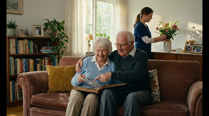 Ein älteres Ehepaar sitzt entspannt auf einem bequemen Sofa im Wohnzimmer und betrachtet gemeinsam ein Fotoalbum, während eine Betreuungskraft im Hintergrund frische Blumen in eine Vase stellt.