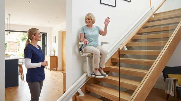 Ein moderner, unauffälliger Treppenlift in einem gepflegten Einfamilienhaus. Eine ältere Dame fährt sicher und entspannt die Treppe hinauf, begleitet von einem aufmunternden Lächeln der Pflegekraft.