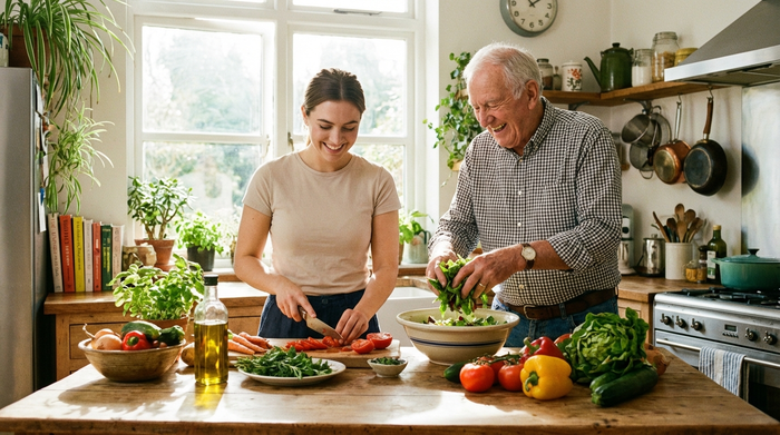 Eine junge Betreuungskraft und ein älterer Mann bereiten gemeinsam in einer sonnendurchfluteten Küche einen frischen Salat zu. Frisches Gemüse liegt auf der Arbeitsplatte.
