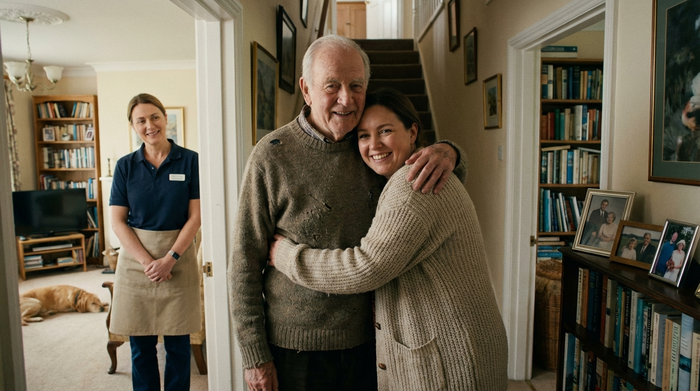 Eine erwachsene Tochter umarmt ihren älteren Vater herzlich im Flur eines gemütlichen Hauses. Im Hintergrund steht diskret eine freundliche Betreuungskraft.