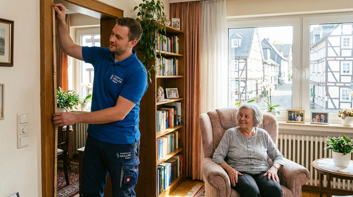 Ein kompetenter Sanitätshaus-Mitarbeiter in blauer Arbeitskleidung misst mit einem Zollstock den Türrahmen in einem gemütlichen Siegener Wohnzimmer aus. Im Hintergrund steht eine ältere Dame und schaut interessiert zu. Helle, freundliche Szene.