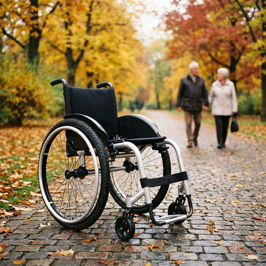 Ein moderner, leichter Aluminium-Rollstuhl steht auf einem gepflasterten Weg in einem Park. Im Hintergrund sind unscharf herbstliche Bäume und ein älteres Ehepaar beim Spaziergang zu erkennen. Hochwertige, realistische Fotografie.