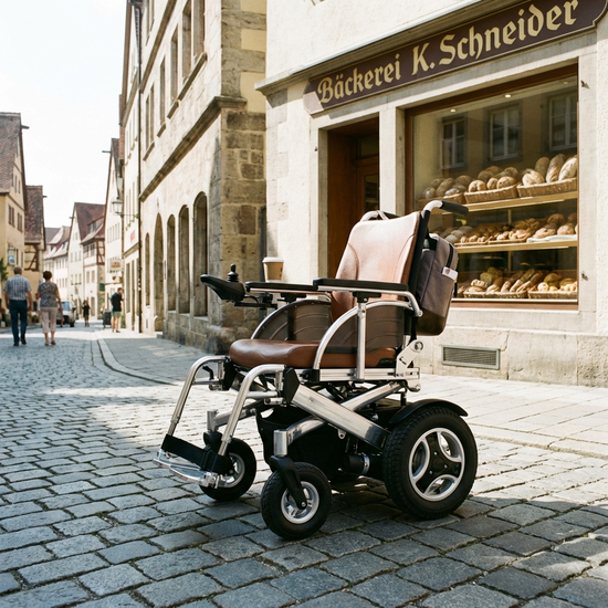 Ein eleganter Elektrorollstuhl parkt sicher vor einer Bäckerei in einer Altstadt. Sonniges Wetter, saubere Umgebung, Fokus auf die Mobilität im Alltag.