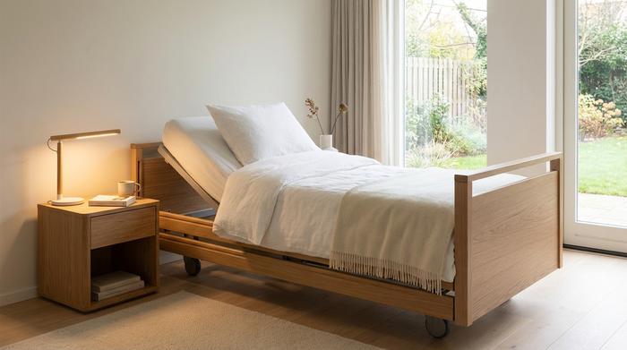 Ein helles, aufgeräumtes Schlafzimmer mit einem modernen, holzverkleideten Pflegebett. Das Kopfteil ist leicht hochgefahren, frische weiße Bettwäsche, ein Nachttisch mit einer Leselampe daneben. Ruhige, sichere Atmosphäre.