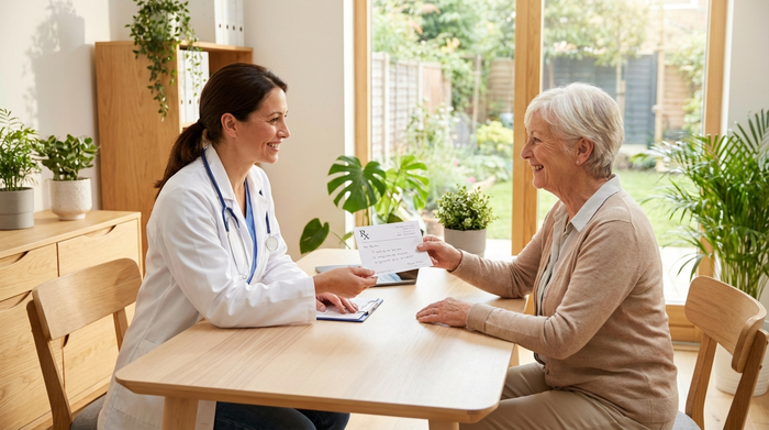 Ein Hausarzt im weißen Kittel sitzt am Schreibtisch und überreicht einer lächelnden Seniorin ein Rezept. Helle, moderne Arztpraxis, vertrauensvolle Stimmung.