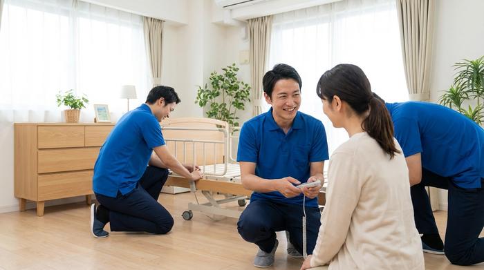 Zwei freundliche Techniker bauen in einem sauberen Schlafzimmer ein Pflegebett auf. Einer erklärt der pflegenden Tochter die Funktionen der Fernbedienung. Positive und unterstützende Stimmung.