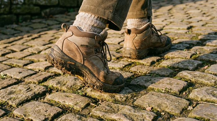Nahaufnahme von bequemen, stützenden Wanderschuhen einer älteren Person, die sicher auf einem unebenen Kopfsteinpflastersteig bergauf geht. Fokus auf die Füße und das Pflaster, warmes Sonnenlicht, fotorealistisch.