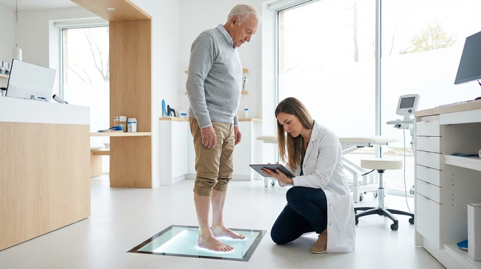 Ein moderner, sauberer Raum in einem Sanitätshaus. Ein älterer Herr steht barfuß auf einer beleuchteten, flachen 3D-Scanner-Glasplatte, während eine Fachkraft im weißen Kittel konzentriert die Fußstellung betrachtet. Helle, medizinische Atmosphäre ohne Text.