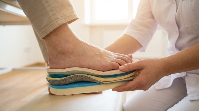 Eine orthopädische Fachkraft bettet behutsam den Fuß eines Seniors auf eine extrem weiche, mehrschichtige Spezialeinlage. Sanftes Licht, saubere medizinische Umgebung, Fokus auf die schonende Behandlung und das weiche Material.