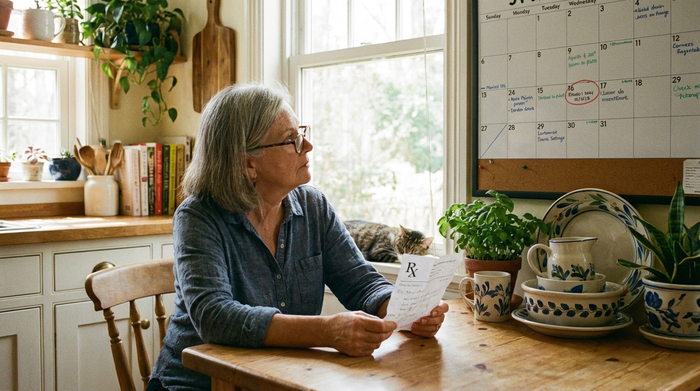 Eine ältere Person sitzt am Küchentisch und schaut konzentriert auf einen Wandkalender, während sie ein ärztliches Rezept in der Hand hält. Helles Tageslicht, gemütliche Küche.