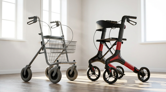 Zwei verschiedene Rollatoren stehen nebeneinander in einem hellen Raum. Ein einfaches Standardmodell aus Stahl und ein eleganter, moderner Leichtgewichtrollator aus Carbon. Klare Umgebung, Fokus auf die Mobilitätshilfen.