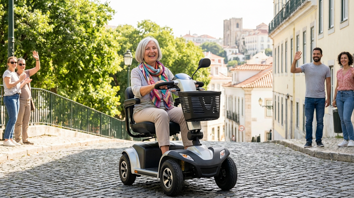 Eine ältere Dame fährt an einem sonnigen Tag mit einem modernen Elektromobil sicher über einen gepflasterten Weg in einer hügeligen Stadt. Grüne Bäume im Hintergrund, fröhliche Stimmung.