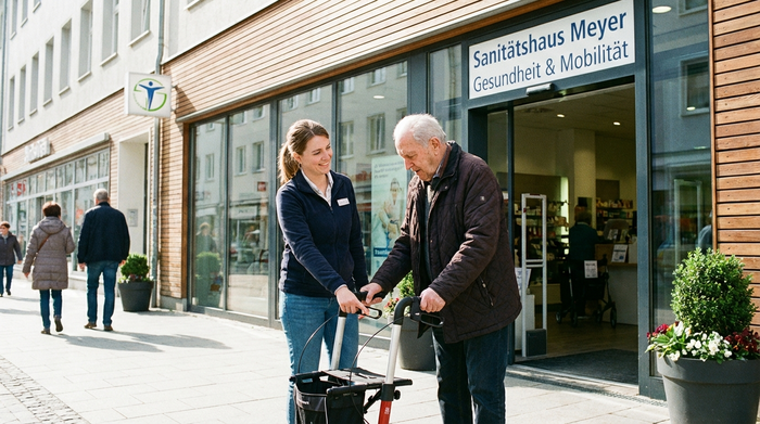 Eine freundliche Mitarbeiterin eines Sanitätshauses erklärt einem älteren Herrn geduldig die Bremsen an seinem neuen Rollator. Beide stehen vor dem Eingang eines modernen Geschäfts.
