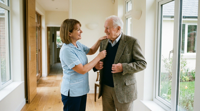 Eine professionelle Pflegekraft hilft einem älteren Herrn liebevoll beim Anziehen einer Jacke im hellen Flur. Realistische, saubere Umgebung, Tageslicht, fürsorgliche und respektvolle Stimmung.