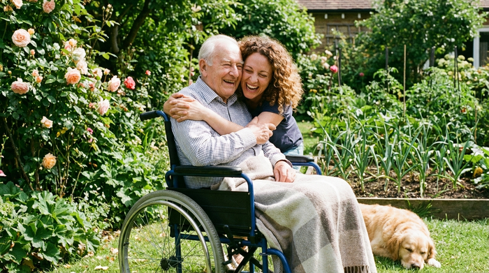 Eine erwachsene Tochter umarmt ihren pflegebedürftigen Vater herzlich im Garten. Beide lachen fröhlich. Sonniges Wetter, grüne Pflanzen, entspannte und liebevolle Familienatmosphäre.
