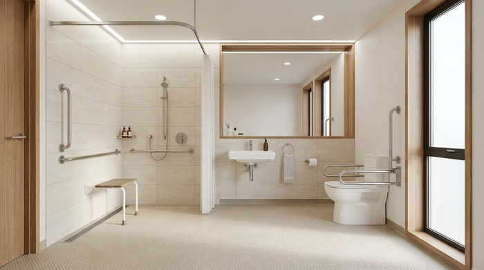 Ein modernes, komplett barrierefreies Badezimmer mit einer ebenerdigen Dusche, stabilen Haltegriffen an den hellen Wänden und einem rutschfesten Boden. Sauber, gut beleuchtet, sichere Umgebung.