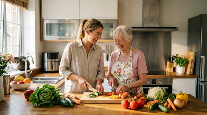Zwei Frauen, eine jüngere Betreuungskraft und eine ältere Dame, stehen gemeinsam in einer modernen Küche und schneiden frisches Gemüse. Fröhliche Stimmung, gepflegtes und gemütliches Zuhause.