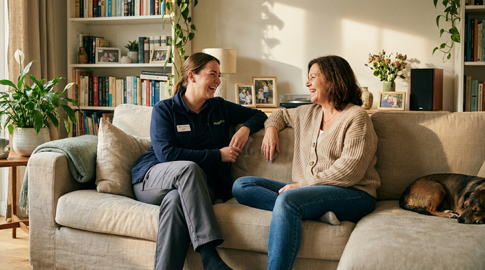 Zwei Frauen sitzen entspannt auf einem Sofa und unterhalten sich lächelnd, eine davon trägt moderne, unauffällige Dienstkleidung. Die Szene wirkt familiär und vertraut.