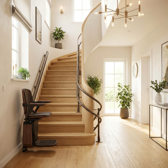 Ein moderner, unauffälliger Treppenlift an einer geschwungenen Holztreppe in einem gepflegten Einfamilienhaus, gut ausgeleuchtet und einladend.