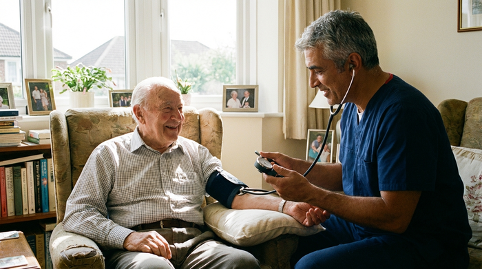 Ein erfahrener Krankenpfleger misst fürsorglich den Blutdruck eines älteren Herrn in dessen gemütlichem Zuhause. Helle Umgebung, medizinische Routine, vertrauensvolles Miteinander.