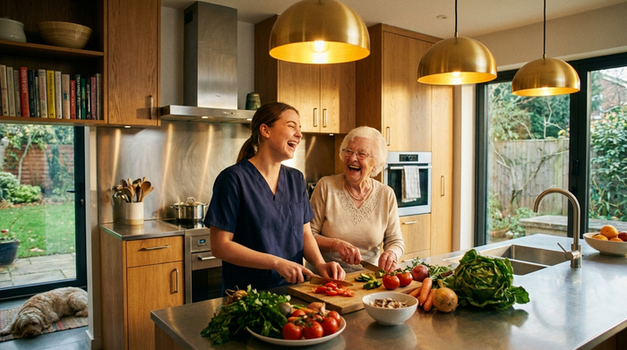 Eine junge Betreuungskraft kocht gemeinsam mit einer Seniorin in einer modernen Küche. Beide lachen beim Schneiden von frischem Gemüse. Warme Beleuchtung, familiäre Stimmung.