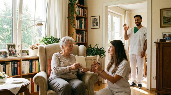 Ein harmonisches Trio: Eine ältere Dame sitzt entspannt im Sessel, während eine Alltagsbetreuerin ihr ein Buch reicht und ein ambulanter Pfleger im Hintergrund freundlich grüßt. Helles Wohnzimmer.