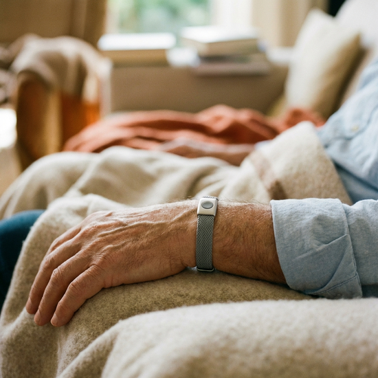 Ein moderner, unauffälliger Hausnotruf-Knopf am Handgelenk eines Senioren, der entspannt auf einem Sofa sitzt. Fokus auf das Handgelenk und das sichere Gefühl, weicher Hintergrund.