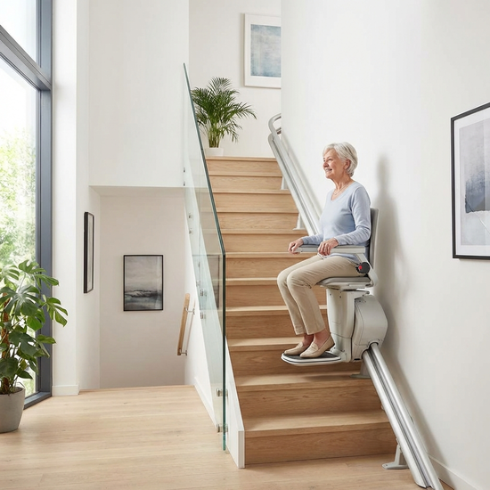 Ein eleganter, moderner Treppenlift in einem gepflegten Einfamilienhaus. Eine ältere Person fährt sicher und entspannt die Treppe hinauf. Helles Holz, aufgeräumte Umgebung.
