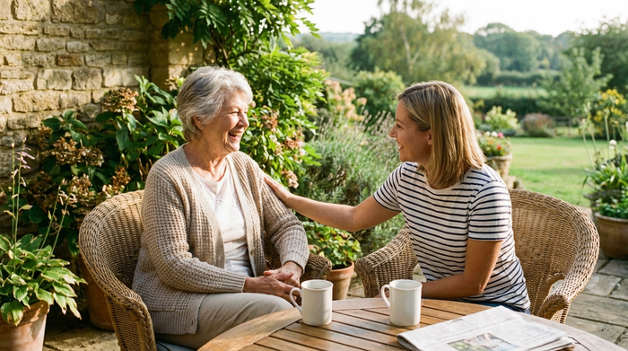 Eine entspannte Seniorin und ihre Betreuungskraft trinken gemeinsam Kaffee auf einer sonnigen Terrasse. Friedliche Stimmung, Erholung und geregelte Freizeiten im Pflegealltag.
