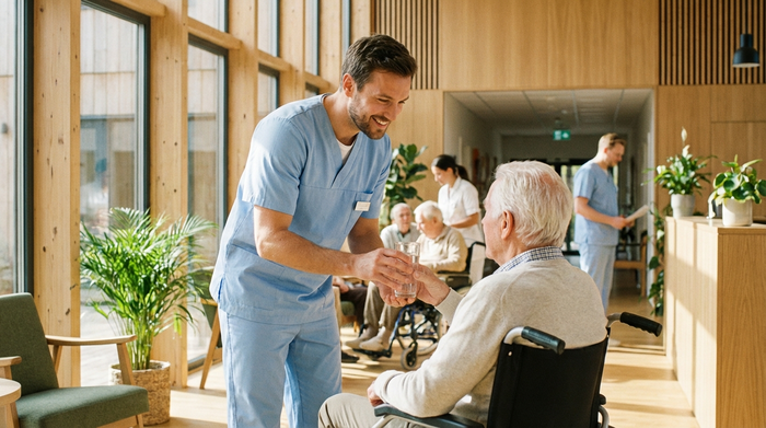 Ein freundlicher, professioneller Pfleger in hellblauer Berufskleidung reicht einem älteren Herrn im Rollstuhl in einem lichtdurchfluteten, modernen Pflegeheim ein Glas Wasser.