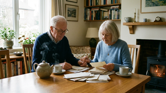 Ein älteres Ehepaar sitzt nachdenklich, aber ruhig am Esstisch und ordnet Papiere und Briefe. Eine warme Tasse Tee steht daneben, die Atmosphäre ist vertraut und geborgen.