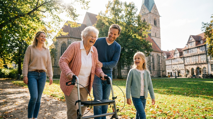 Eine glückliche Familie aus drei Generationen spaziert lachend durch einen sonnigen Park in Hildesheim. Die Großmutter geht am Rollator, gestützt von ihrem Sohn.