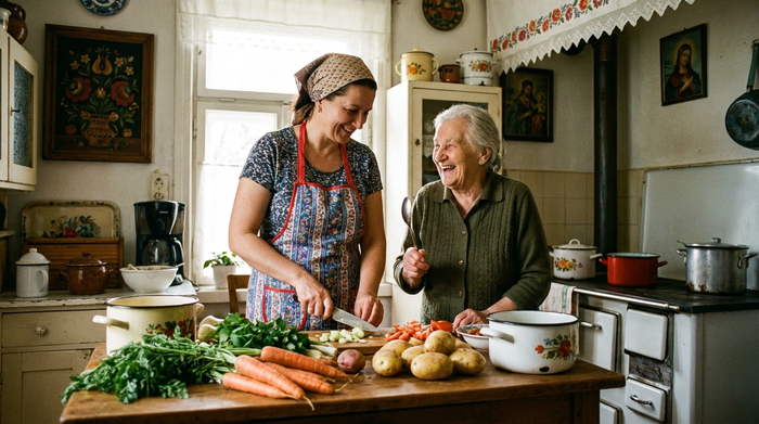 Eine fürsorgliche osteuropäische Betreuungskraft kocht gemeinsam mit einer fröhlichen Seniorin in einer gemütlichen, altmodischen Küche. Frisches Gemüse liegt auf dem Tresen.