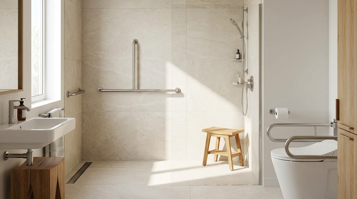 Ein modernes, barrierefreies Badezimmer mit einer ebenerdigen, geräumigen Dusche und eleganten Haltegriffen an den hellen Fliesen. Ein Duschhocker steht bereit.