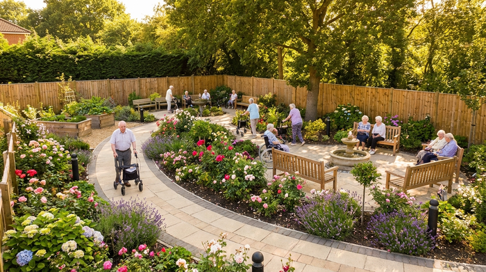 Ein idyllischer, sicherer Demenzgarten mit einem gepflasterten, barrierefreien Rundweg. Blühende, farbenfrohe Blumenbeete, bequeme Holzbänke und schattenspendende Bäume laden zum Verweilen ein. Ältere Menschen spazieren entspannt in der warmen Nachmittagssonne.