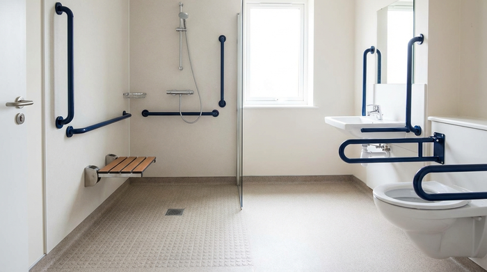 Ein modernes, barrierefreies Badezimmer für Senioren. Eine geräumige, bodengleiche Dusche mit rutschfesten Fliesen und stabilen, gut sichtbaren Haltegriffen an den hellen Wänden. Ein bequemer Duschsitz sorgt für Sicherheit und Komfort.