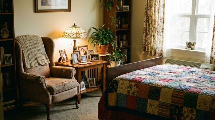 Ein liebevoll dekoriertes Pflegeheimzimmer. Ein gemütlicher Ohrensessel steht neben einem kleinen Tisch mit gerahmten Familienfotos und einer nostalgischen Tischlampe. Ein weiches Bett mit einer vertrauten, bunten Tagesdecke strahlt Gemütlichkeit aus.