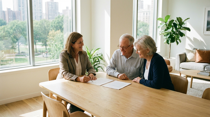 Eine professionelle, freundliche Beraterin mittleren Alters sitzt an einem hellen Holztisch und bespricht geduldig Dokumente mit einem älteren Ehepaar in einem modernen, lichtdurchfluteten Büro.